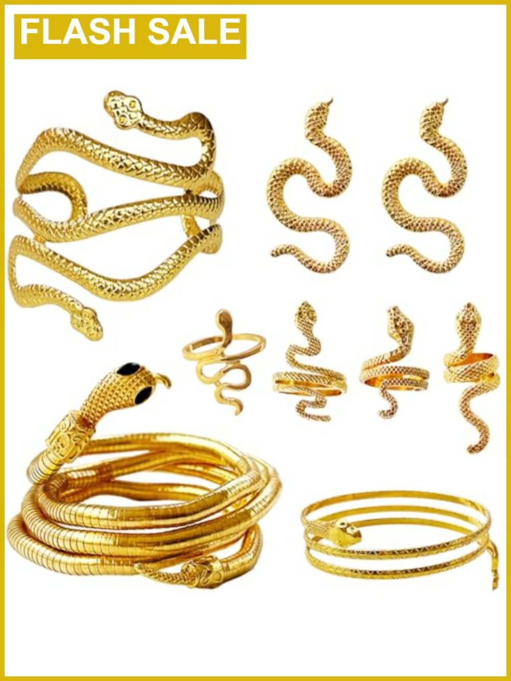 9Pc Snake Jewelry Set for Women Gold Finish Adjustable Necklace Earrings Rings